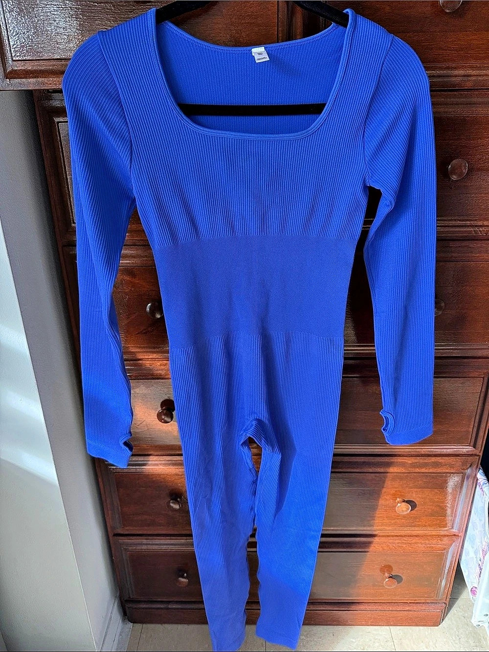 Blue Ribbed Long Sleeve Jumpsuit Size Medium